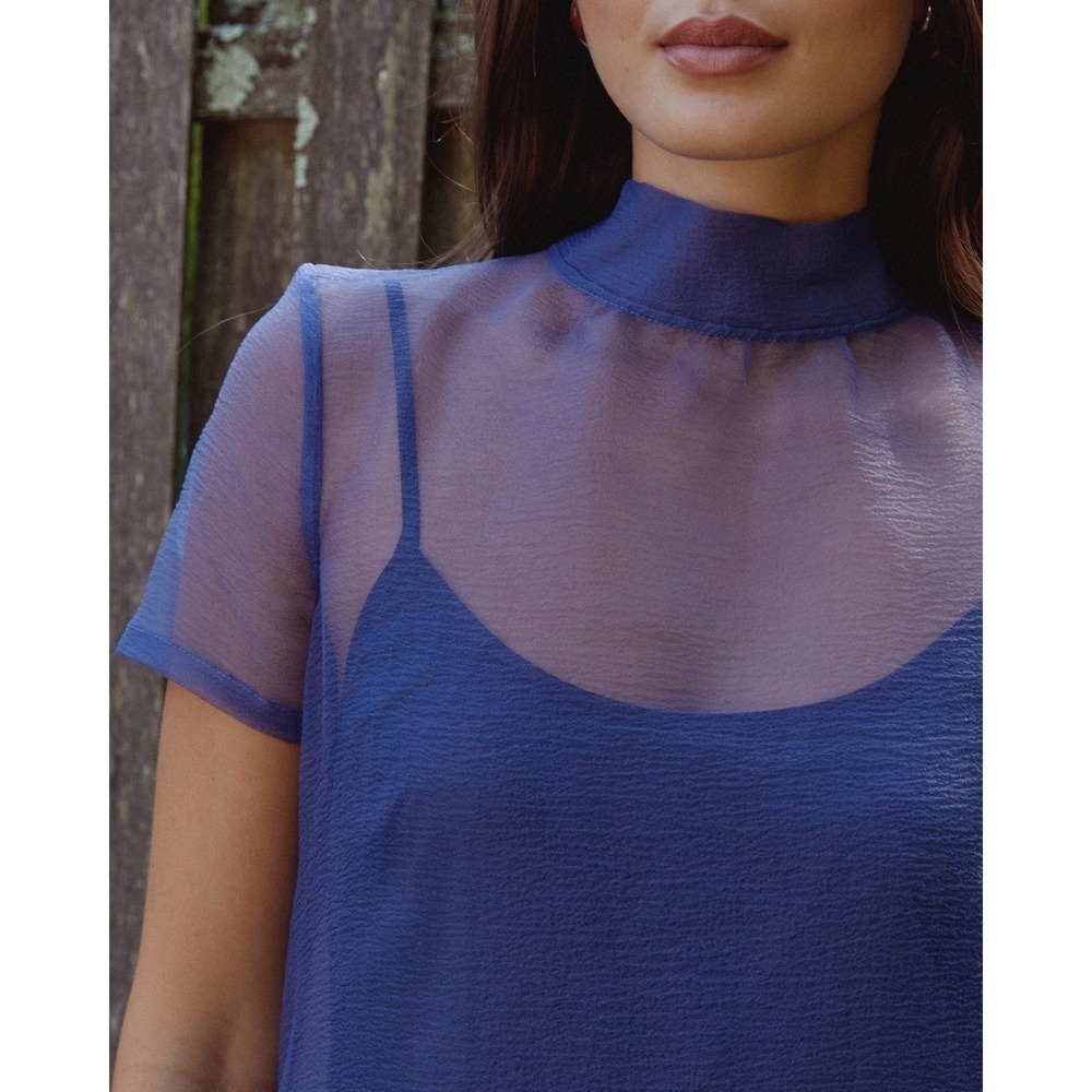 NWT CAARA Melody Tie Neck Organza Ruffle Hem Dress Navy Blue - Size Medium - Picture 7 of 14